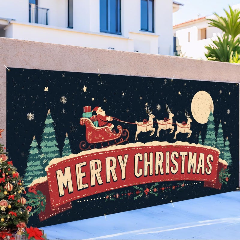 ANNA QUEEN Christmas Garage Door Banner 6×13 FT, Retro Santa Sleigh & Merry Christmas Sign, Large Outdoor Garage Decoration for Parties Home Decor - Image 5